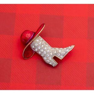 Vintage Art Nouveau Cowgirl Boot and Hat Rhinestone Brooch - O1